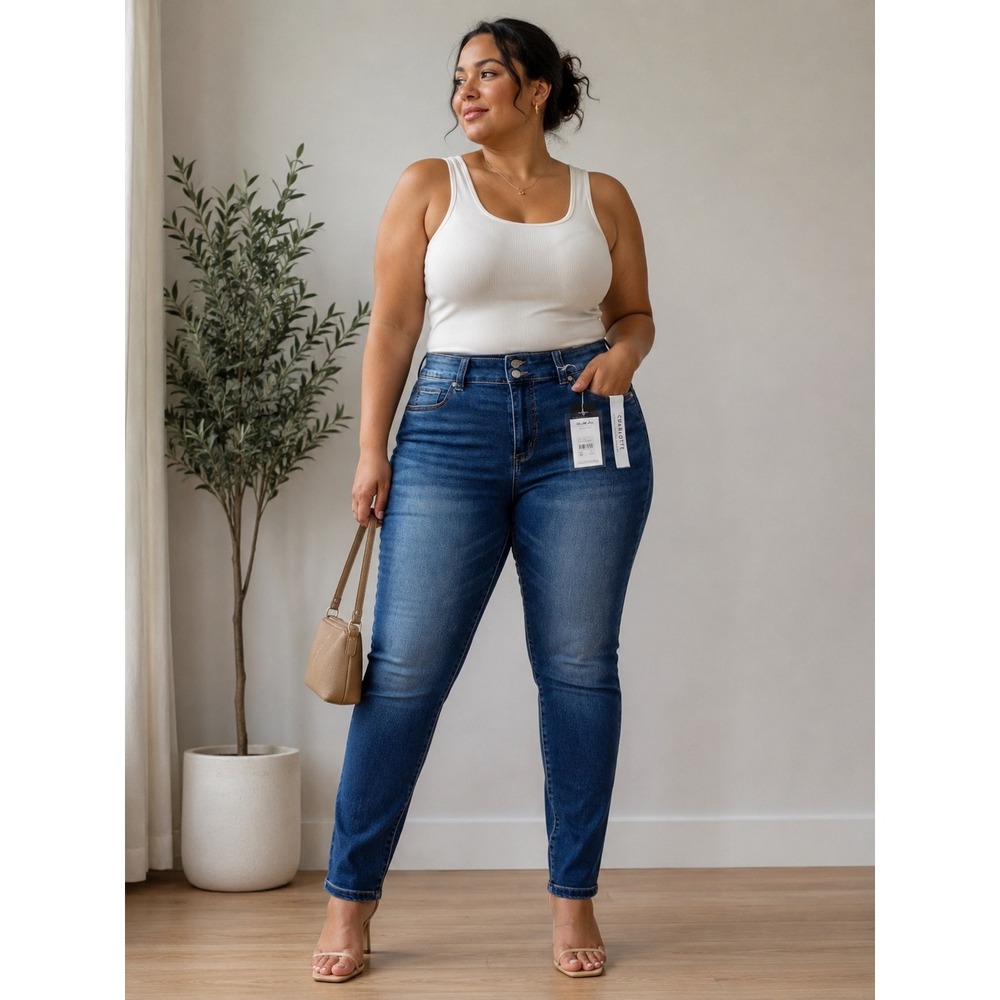 Tahari Charlotte Double Button Skinny Jeans Seta-Silk Denim Blue Size 14/32 NWT